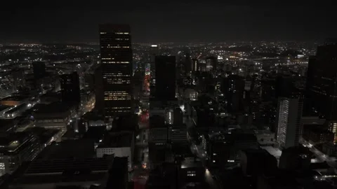 Drone flies down Market Street at night in downtown Johannesburg, South Africa Stock-Footage 321774005