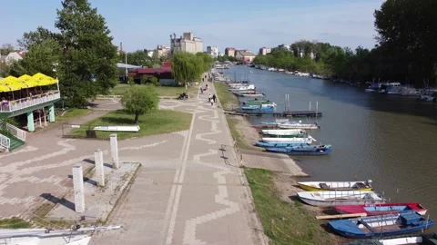 The drone flies down the quay on the river Stock-Footage 154632824