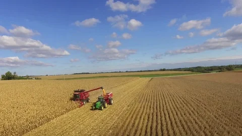 A drone flies down toward an oncoming tractor during harvest Video stock 83129054