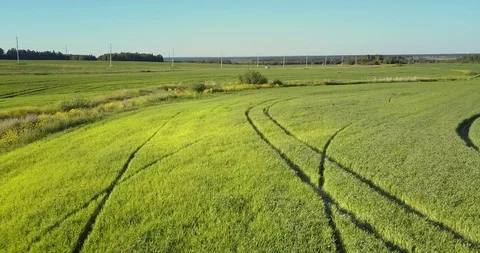 Drone flies fast over tracks crossing field and gully Vidéo 94067648