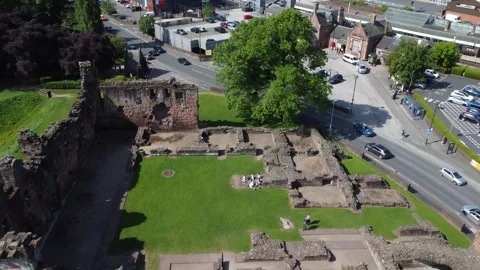 Drone flies forward over English castle ruins, Penrith, Cumbria. Stock Footage 242613616