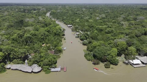 Drone flies from Guamá River down Igarapé do Combu, following red speedboat Stock-Footage 284465813