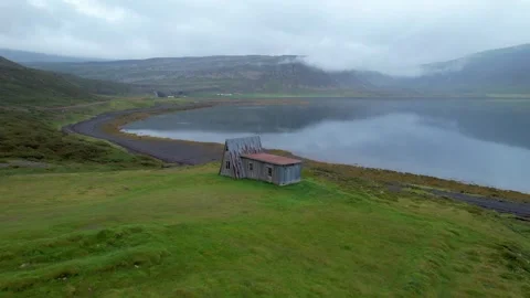Drone Flies High to Low Near Cabin A Frame West Fjords Stock Footage 258483111