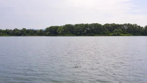 Drone flies just above surface of rippling water of a lake towards green trees Stock-Footage 269164562