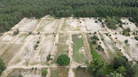 Drone Flies Left to Right Over Dry Land by the Forest Stock Footage 314967670