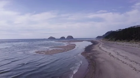 Drone Flies From Low To Maximum Altitude Above Beach At Oregon Coast, USA Stock Footage 81236855