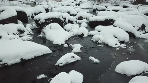 The drone flies low over a mountain river in winter. Video stock 147626901
