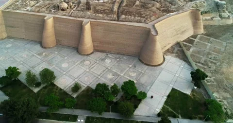 A drone flies over the the ancient Ark fortress complex. Around the house of old Stock Footage 256291099