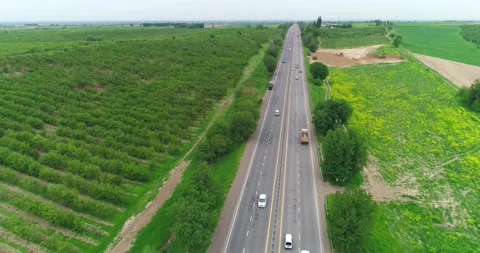 Drone flies over an asphalt road with passing cars. Stock Footage 308067348