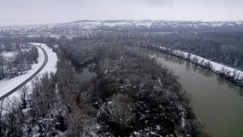 Drone flies over bare trees covering river island on Tisza in Titel in winter Stock Footage 263359100
