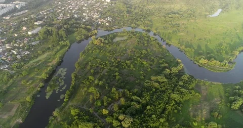 Drone flies over a beautiful landscape along the river bed. Stock Footage 100678516