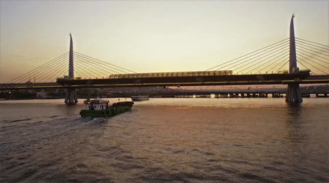 Drone flies over bridge on sunset. Stock Footage 51008840