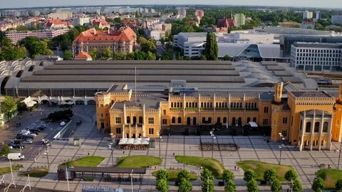 The drone flies over the building of the main railway station in Wroclaw. Stock Footage 108123504