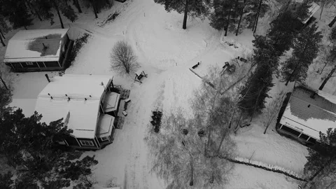 The drone flies over the buildings in the forest in the evening in winter Video stock 170291483