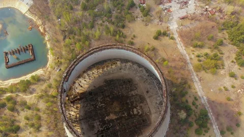 Drone flies over the cooling tower, aerial view Stock Footage 106903741