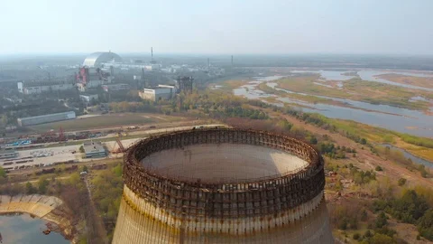 Drone flies over cooling tower near Chernobyl NPP Stock Footage 107362429