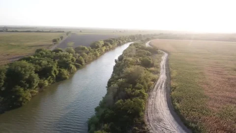 A drone flies over a corn field near Rio Grande river Stock Footage 94587715