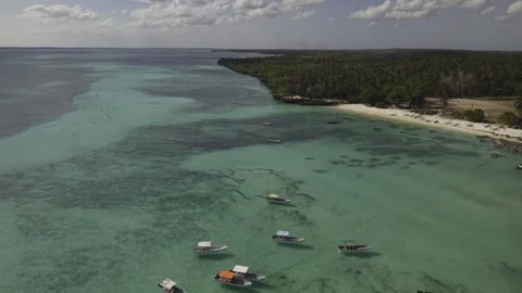 Drone flies over dhows and fishing boats near Dimbani Beach at high tide Stock-Footage 346480579