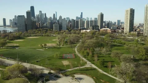 Drone Flies Over Empty Chicago Park During Coronavirus Lockdown, Aerial Stock Footage 130403859