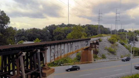 Drone flies over an empty train track Stock-Footage 128821909