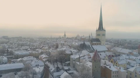 Drone flies over the fabulous winter city. Frost, snow, blue sky. Vídeo Stock 100099990