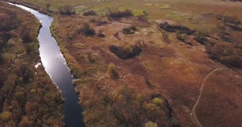 Drone flies over the fields and river Stock Footage 141239722