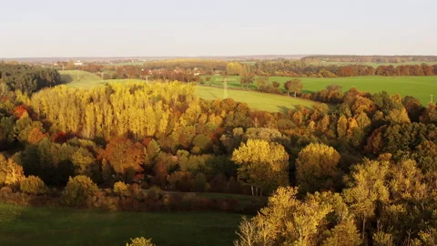 A drone flies over a forest to a slightly hidden country road and green fields. Stock Footage 239101151