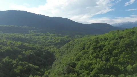 Drone Flies Over Forested Hills at Golden Hour Sunset, Okatse Canyon, Georgia Vídeos de archivo 339354870