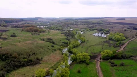 Drone flies over green forest, field, river and pasture in national natural park Stock Footage 169837941
