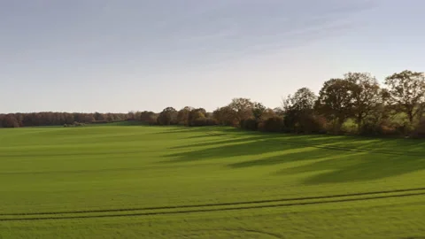 A drone flies over green meadows in Mecklenburg Vorpommern Germany. Sideways Stock Footage 239068387