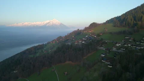 Drone Flies over Green Mountain Top, Lake Thunersee, Snow-Capped Peaks Video stock 246406962