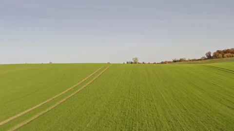 A drone flies over the hill of a field to a small town. The sun is shining. Stock Footage 239100319