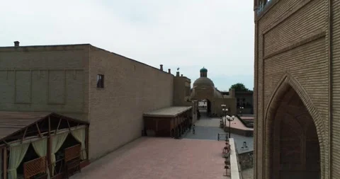 A drone flies over the Magok-i-Attari Mosque complex surrounded by old houses in Stock Footage 255445865