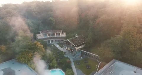 Drone Flies Over Modern Villa In Autumn Morning Fog Stock Footage 340263218