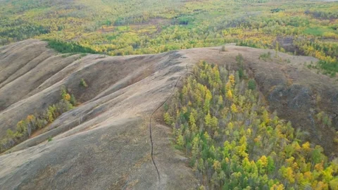 Drone flies over mountain range in golden autumn Stock Footage 220089335