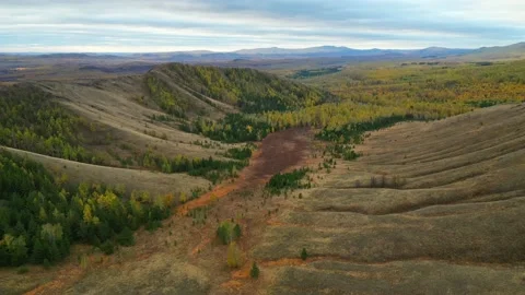 Drone flies over mountain range in golden autumn Stock Footage 220089420