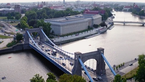 The drone flies over the Odra river. 스톡 동영상 108341713