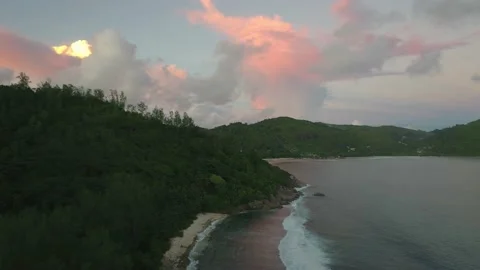 A drone flies over a rainforest in the Seychelles at pink sunset. Stock Footage 155404941