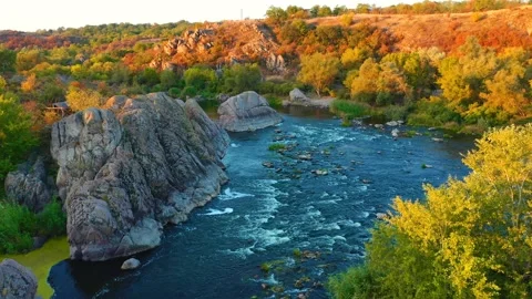 Drone flies over the rapids of a fast Southern Bug river. Filmed in 4k video. Stock Footage 168606590
