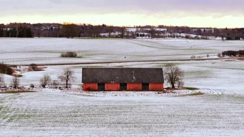 Drone Flies Over Red Barn In Snowy Fields At Sunrise – Latvia Spring Morning Stock Footage 321881314