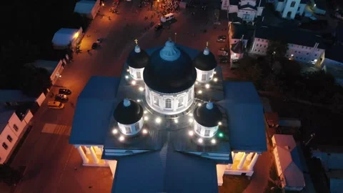 Drone flies over Resurrection Cathedral on Cathedral Square in Arzamas on night Stock Footage 306354345