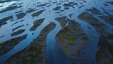 A drone flies over the river backwaters. Video stock 114190555