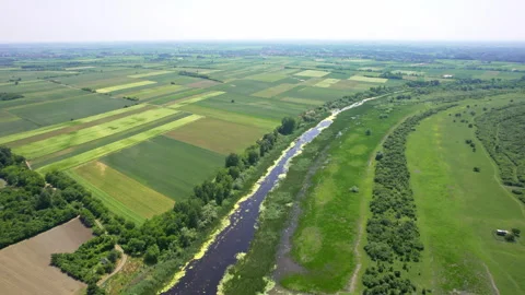 Drone flies over river surrounded with green agricultural fields Stock Footage 263154241