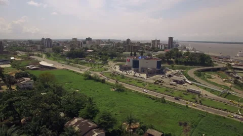 A drone flies over the road along the port in Douala Cameroon Stock Footage 255831496