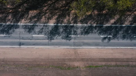 The drone flies over the road between the trees and watching the cars Video stock 107927229