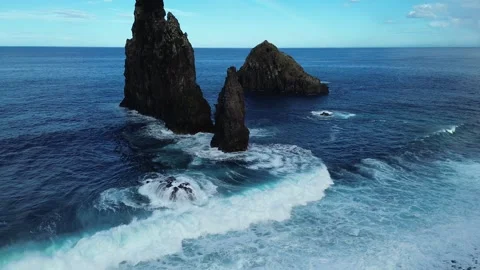 A drone flies over rocks in the ocean, Madeira Video stock 327241549