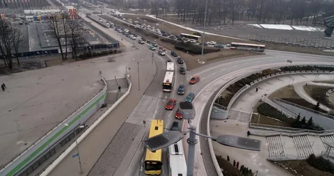 Drone flies over the roundabout in the center of Katowice, two roads connect Stock Footage 106840446