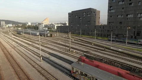 The drone flies over the siding tracks in Ljubljana. 스톡 동영상 107675707