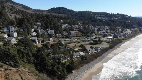 Drone flies over small town on the west coast. Stock Footage 112514024