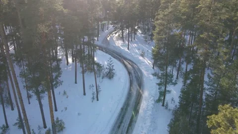 The drone flies over the tops of the trees. Winter forest at sunset from a Stock-Footage 152336639
